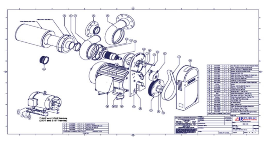 Exploded-view drawing of an RBX Series centrifugal blower.